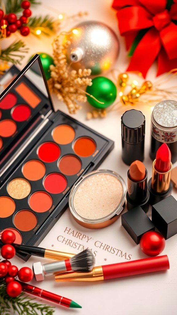 Festive Christmas Makeup Tutorial A makeup setup with festive colors for a Christmas look, surrounded by holiday decorations.